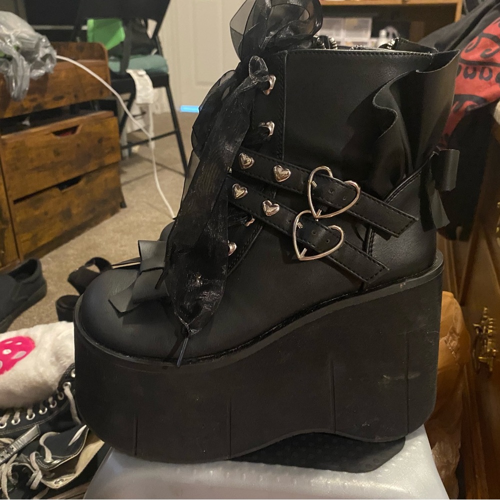 Demonia Black Platform Boots with Heart Details